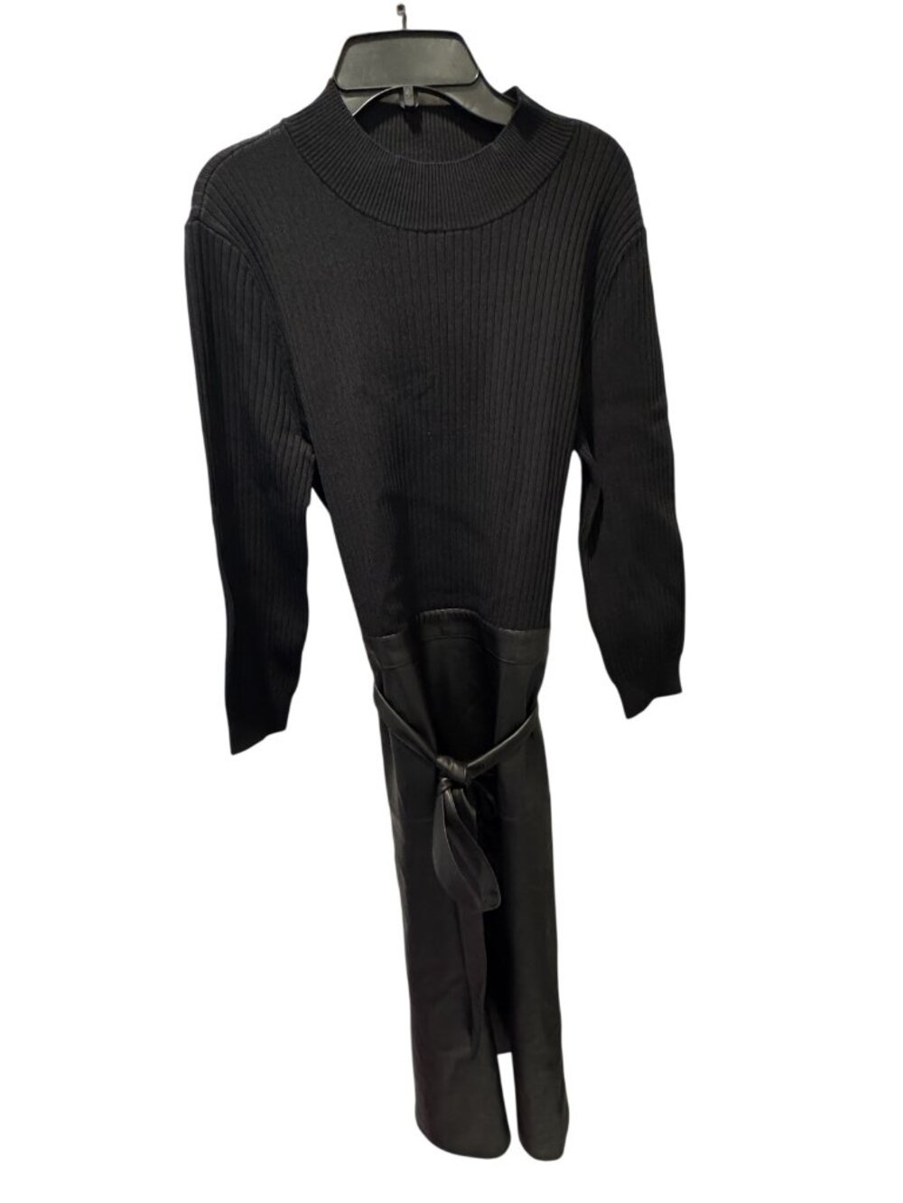 WHBM Size 10 Black Ribbed Knit Turtleneck Sweater Dress Tie Waist